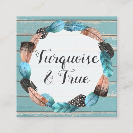 Carte De Visite Carré Rustique Turquoise Bois & Plumes Flèche Boho Chic (Devant)