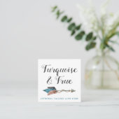 Carte De Visite Carré Rustique Turquoise Bois & Plumes Flèche Boho Chic (Debout devant)
