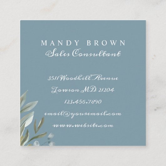 Carte De Visite Carré Sage Et Feuille Aquarelle Verdure (Dos)