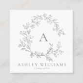 Carte De Visite Carré Sage Green Monogramme Floral Crest Professionnel (Devant)