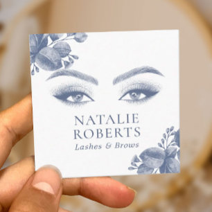 Carte De Visite Carré Salon de beauté Elegant Blue Botanical Lashes & Br