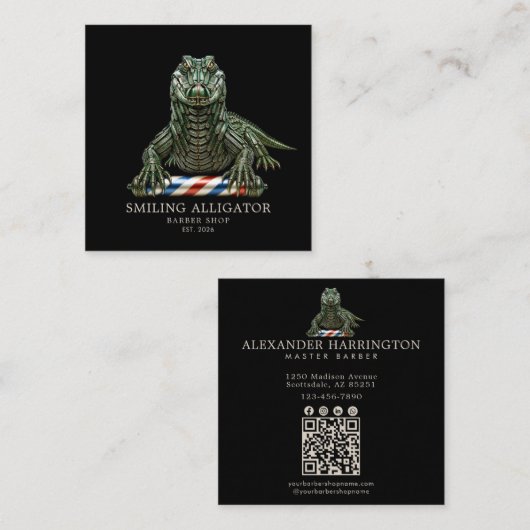 Carte De Visite Carré Salon de Coiffure Professionnel Code Qr Alligator (Devant / Derrière)