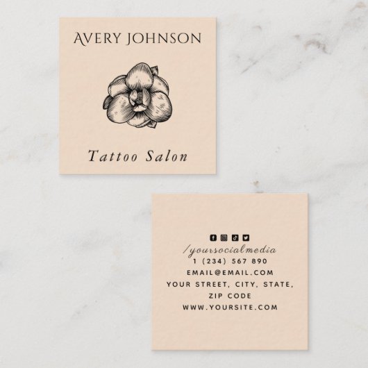 Carte De Visite Carré Salon de tatouage élégant Fleur dessinée et médias (Devant / Derrière)