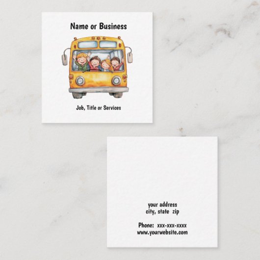Carte De Visite Carré Schoolbus avec enfants heureux (Devant / Derrière)
