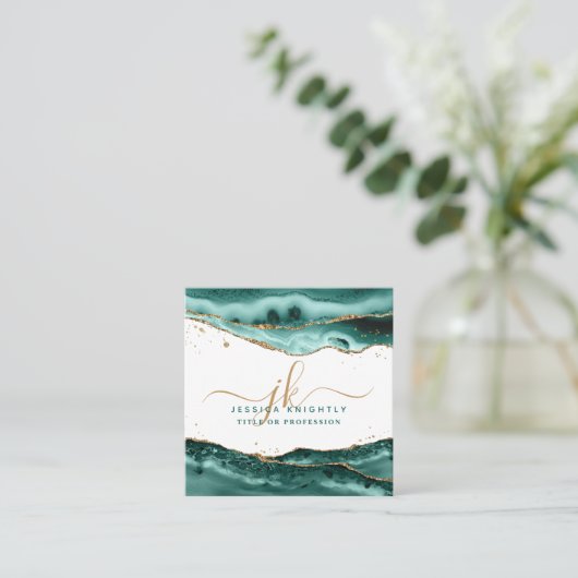 Carte De Visite Carré Script Agate Turquoise Monogramme Parties scintill (Debout devant)