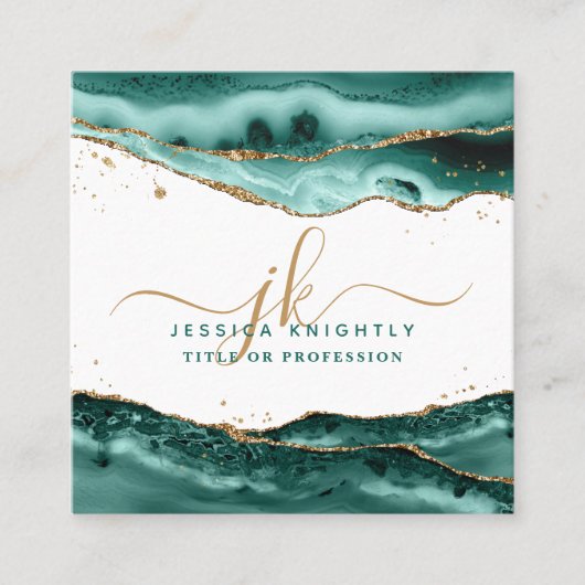 Carte De Visite Carré Script Agate Turquoise Monogramme Parties scintill (Devant)