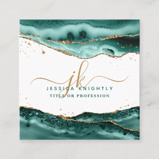 Carte De Visite Carré Script Agate Turquoise Monogramme Parties scintill (Devant)