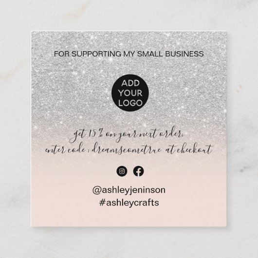 Carte De Visite Carré Script chic argent parties scintillant ombre ordre (Dos)