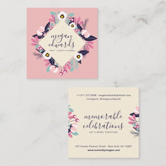 Carte De Visite Carré Script crème rose pastel boho illustration florale (Devant / Derrière)