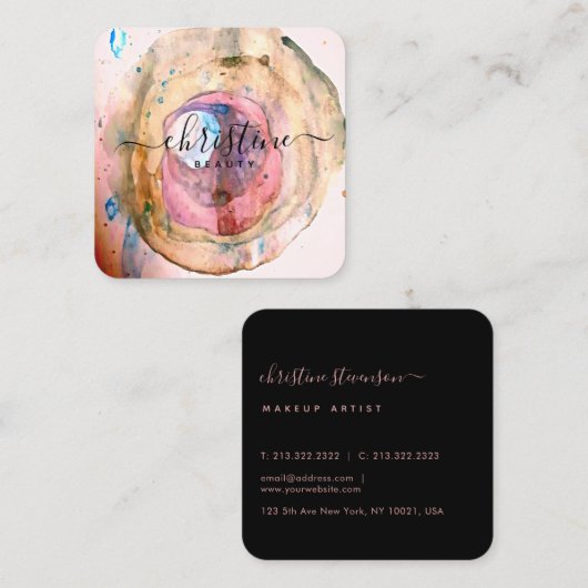 Carte De Visite Carré Script d'aquarelle rose vif (Devant / Derrière)