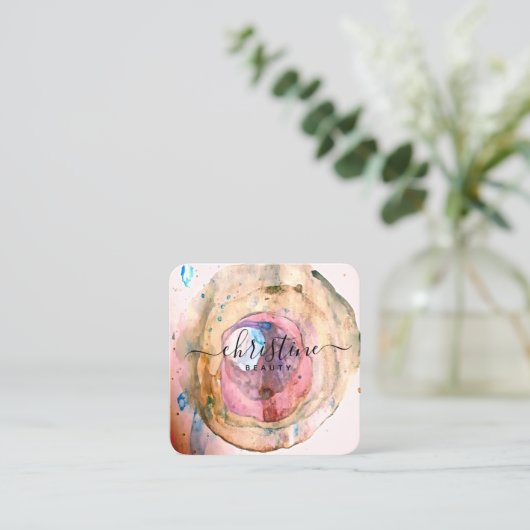 Carte De Visite Carré Script d'aquarelle rose vif (Debout devant)