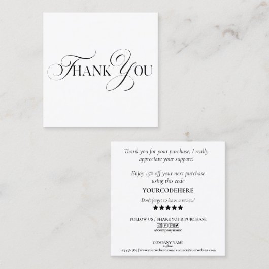 Carte De Visite Carré script minimal moderne merci pour votre commande (Devant / Derrière)