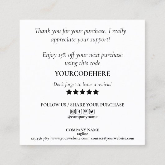 Carte De Visite Carré script minimal moderne merci pour votre commande (Dos)