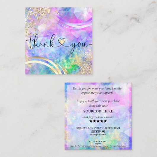 Carte De Visite Carré script moderne holographie merci pour votre comman (Devant / Derrière)