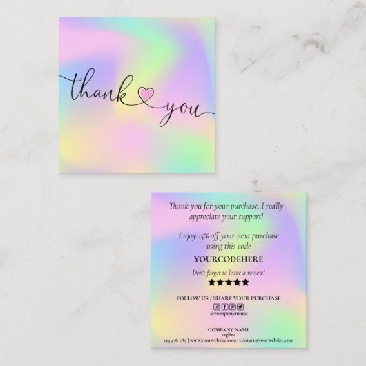 Carte De Visite Carré script moderne holographie merci pour votre comman (Devant / Derrière)