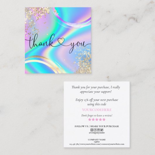Carte De Visite Carré script moderne holographie merci pour votre comman (Devant / Derrière)