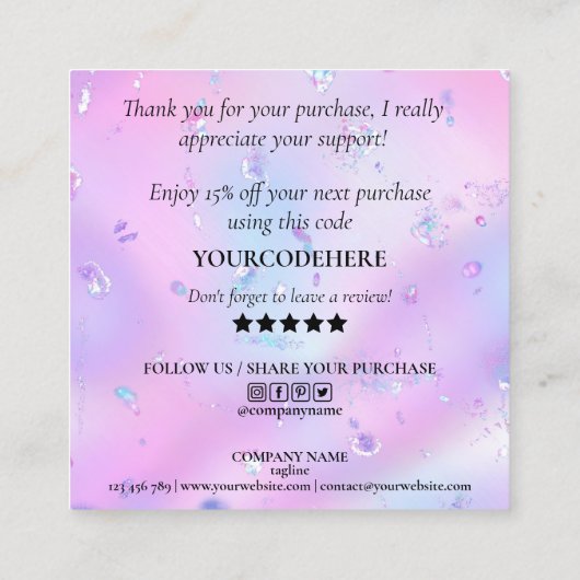 Carte De Visite Carré script moderne iridescendance merci pour votre com (Dos)