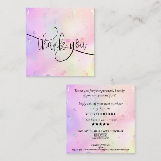 Carte De Visite Carré script moderne iridescendance merci pour votre com (Devant / Derrière)