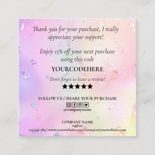 Carte De Visite Carré script moderne iridescendance merci pour votre com (Dos)