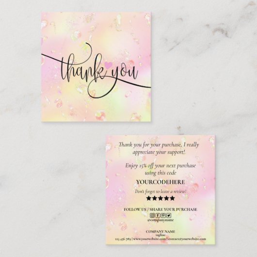 Carte De Visite Carré script moderne iridescendance merci pour votre com (Devant / Derrière)