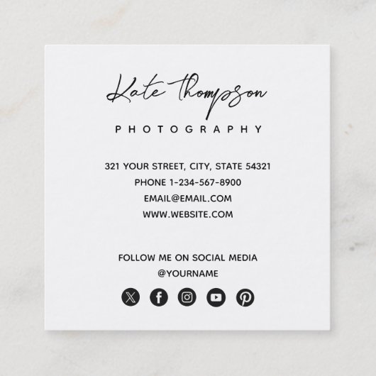 Carte De Visite Carré Script moderne minima photo QR Code médias sociaux (Dos)