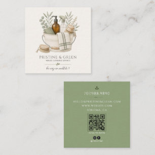 Carte De Visite Carré Service de nettoyage de maison QR Code Sage