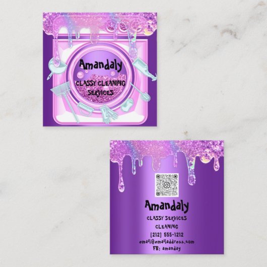 Carte De Visite Carré Service de nettoyage QRCode Laundy Drips Soap Viol (Devant / Derrière)