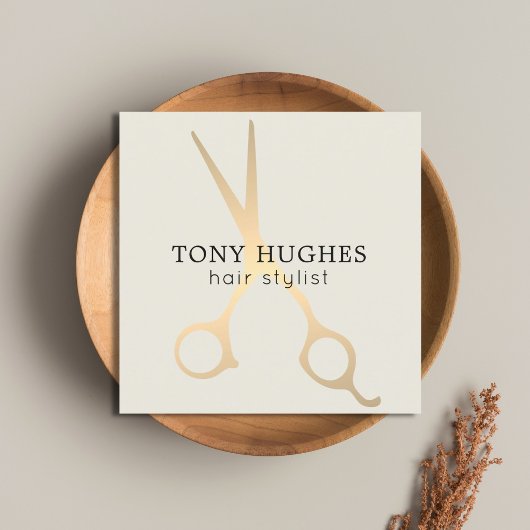 Carte De Visite Carré Simple Elegant Vieux Ciseaux Or Blanc Ciseaux Coif