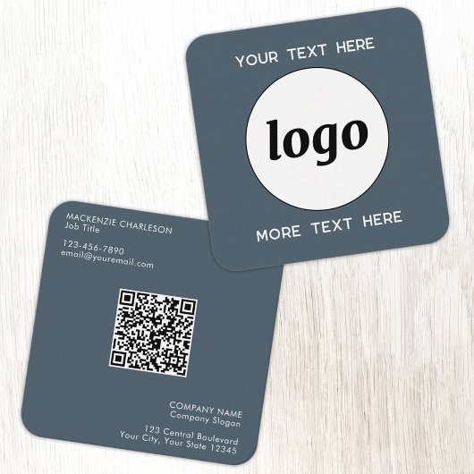 Carte De Visite Carré Simple Logo and Text QR Code Charcoal Gray