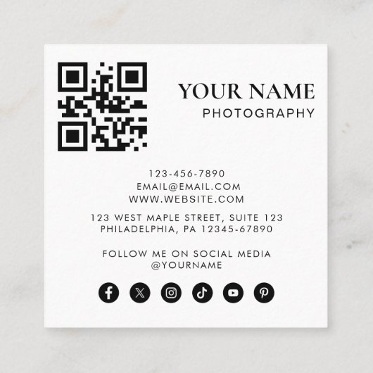 Carte De Visite Carré Simple moderne minima photo QR Code Social Media (Dos)