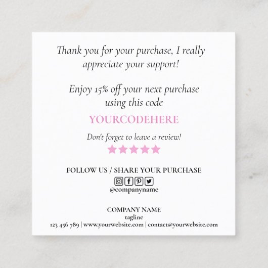 Carte De Visite Carré simple script moderne merci pour votre commande (Dos)