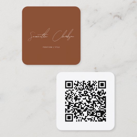 Carte De Visite Carré Simple Terracotta Script manuscrit code QR (Devant / Derrière)