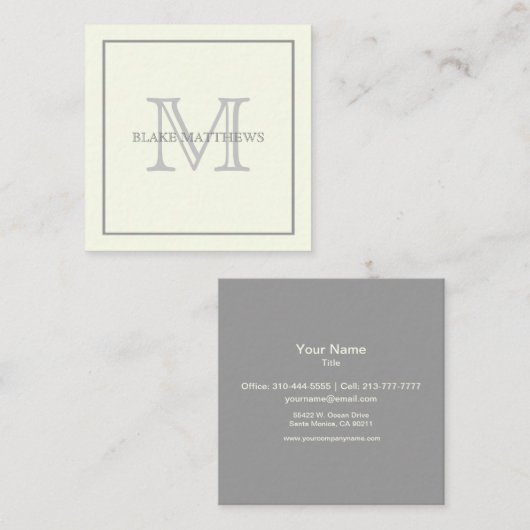 Carte De Visite Carré Simply Elegant Ivory Gray Custom Monogram (Devant / Derrière)