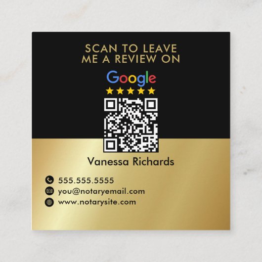 Carte De Visite Carré Sleek Black & Gold Google critique QR Code Noir (Dos)