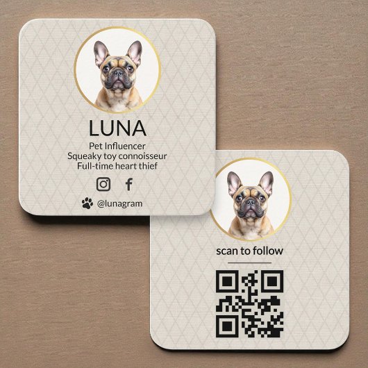 Carte De Visite Carré Social Media QR Code Gold Dog Pet Linen Photo