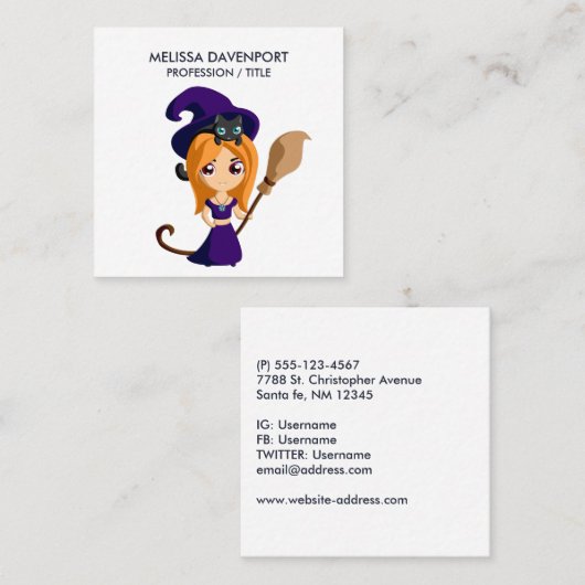 Carte De Visite Carré Sorcière mignonne en Casquette violet Halloween (Devant / Derrière)