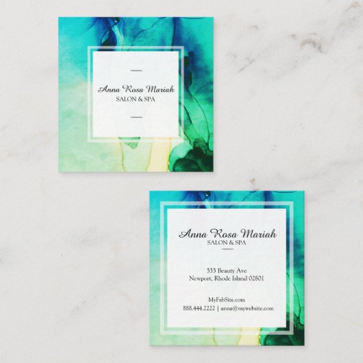 Carte De Visite Carré *~* Spa Abstrait Artiste Vert Turqoise Chic (Devant / Derrière)