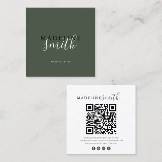 Carte De Visite Carré Square Dark Green Script QR code (Devant / Derrière)