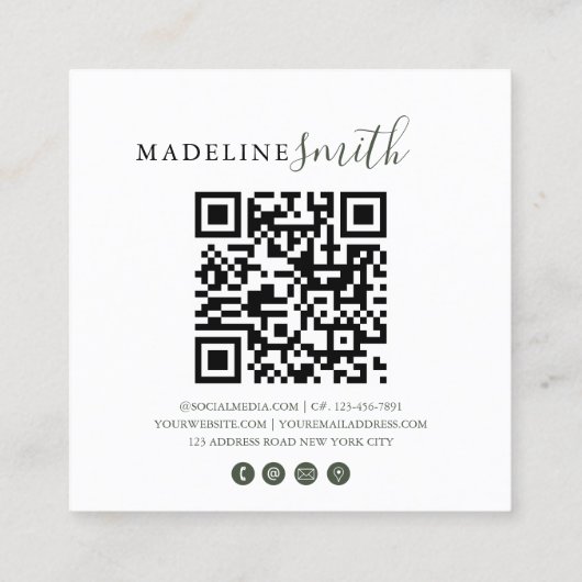 Carte De Visite Carré Square Dark Green Script QR code (Dos)