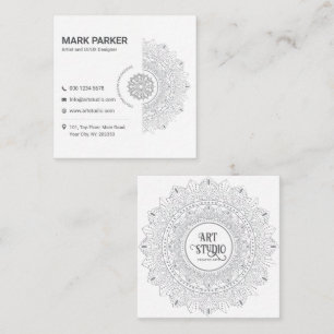 Carte De Visite Carré Studio d'art de mandala élégant Blanc Créatif