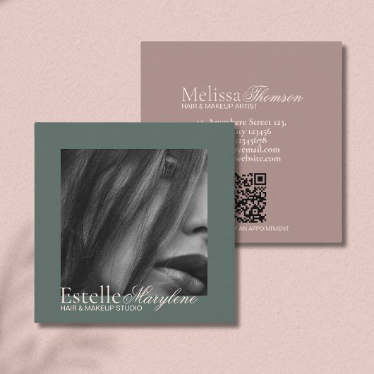 Carte De Visite Carré Studio De Cheveux Moderne Vert Brown Script