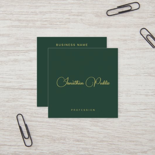 Carte De Visite Carré Stylish Dark Green Gold Text Typography Glossy (Devant/Arrière en situation)