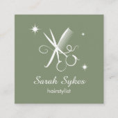 Carte De Visite Carré Stylo Cheveux moderne Ciseaux Barber Sage Vert (Devant)