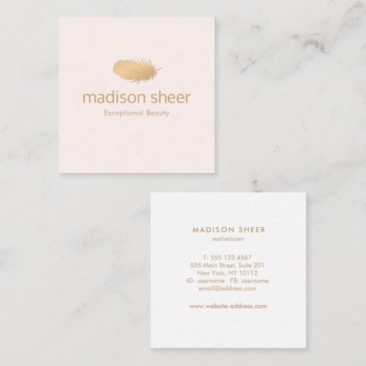 Carte De Visite Carré Stylo Rose Or Feather Lumière rose pâle (Devant / Derrière)