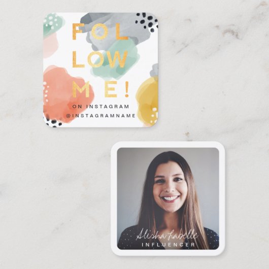 Carte De Visite Carré Suivez-moi, Aquarelle minimale et Abstraite (Devant / Derrière)