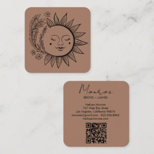 Carte De Visite Carré Sun Floral Boho Line Art élégant QR Code Mocha