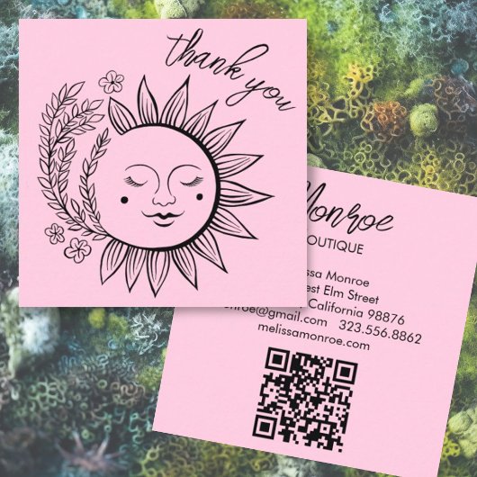 Carte De Visite Carré Sun Floral Boho MERCI élégant QR Code rose