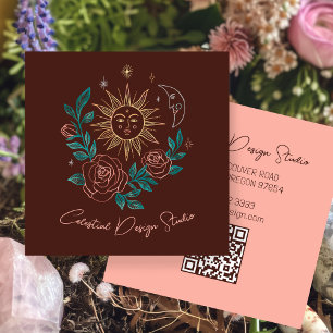 Carte De Visite Carré Sun Moon & Rose Magique Boho Colorful CUSTOM QR