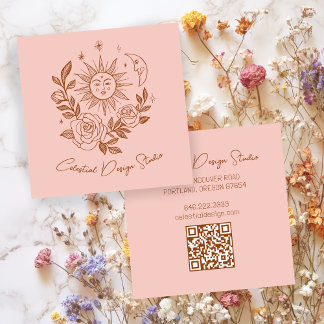 Carte De Visite Carré Sun Moon & Rose Magique Boho Earthy CUSTOM QR
