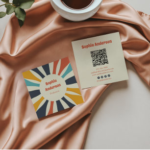 Carte De Visite Carré Sunburst coloré rétro avec code QR - Élégant